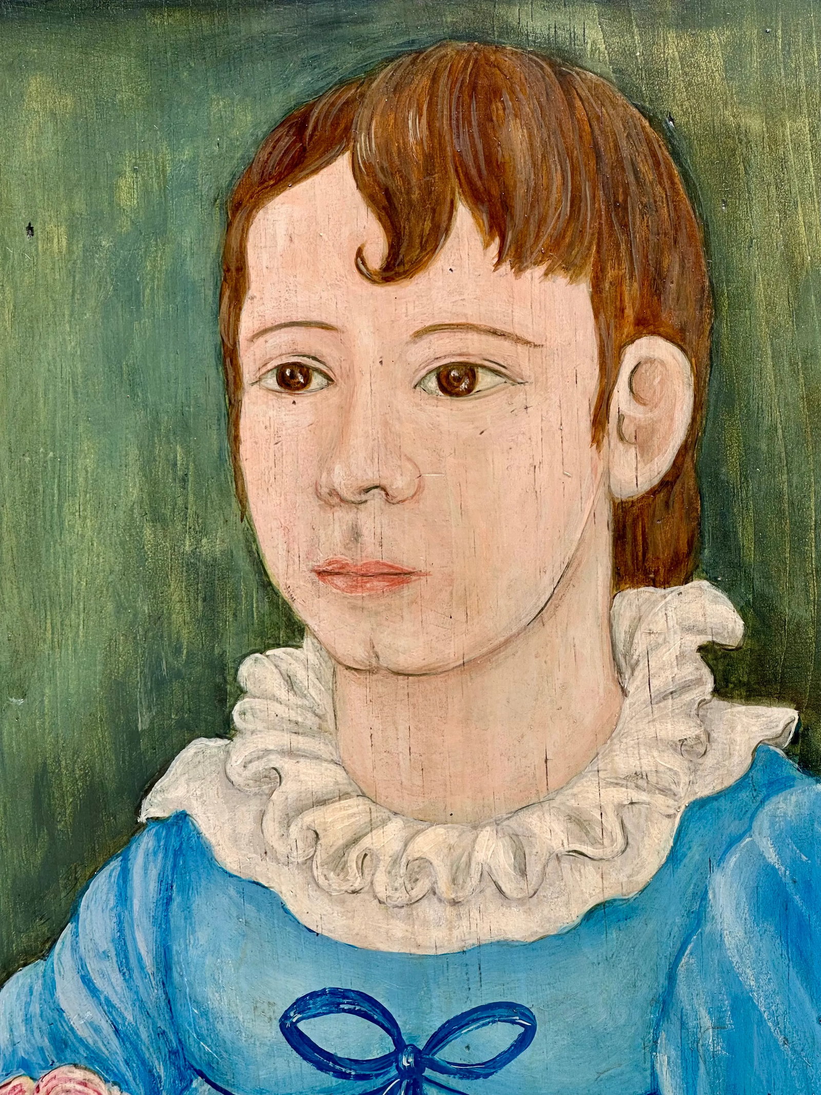 Original Vintage Signed Folk Art Portrait Painting on Wood Panel - 3
