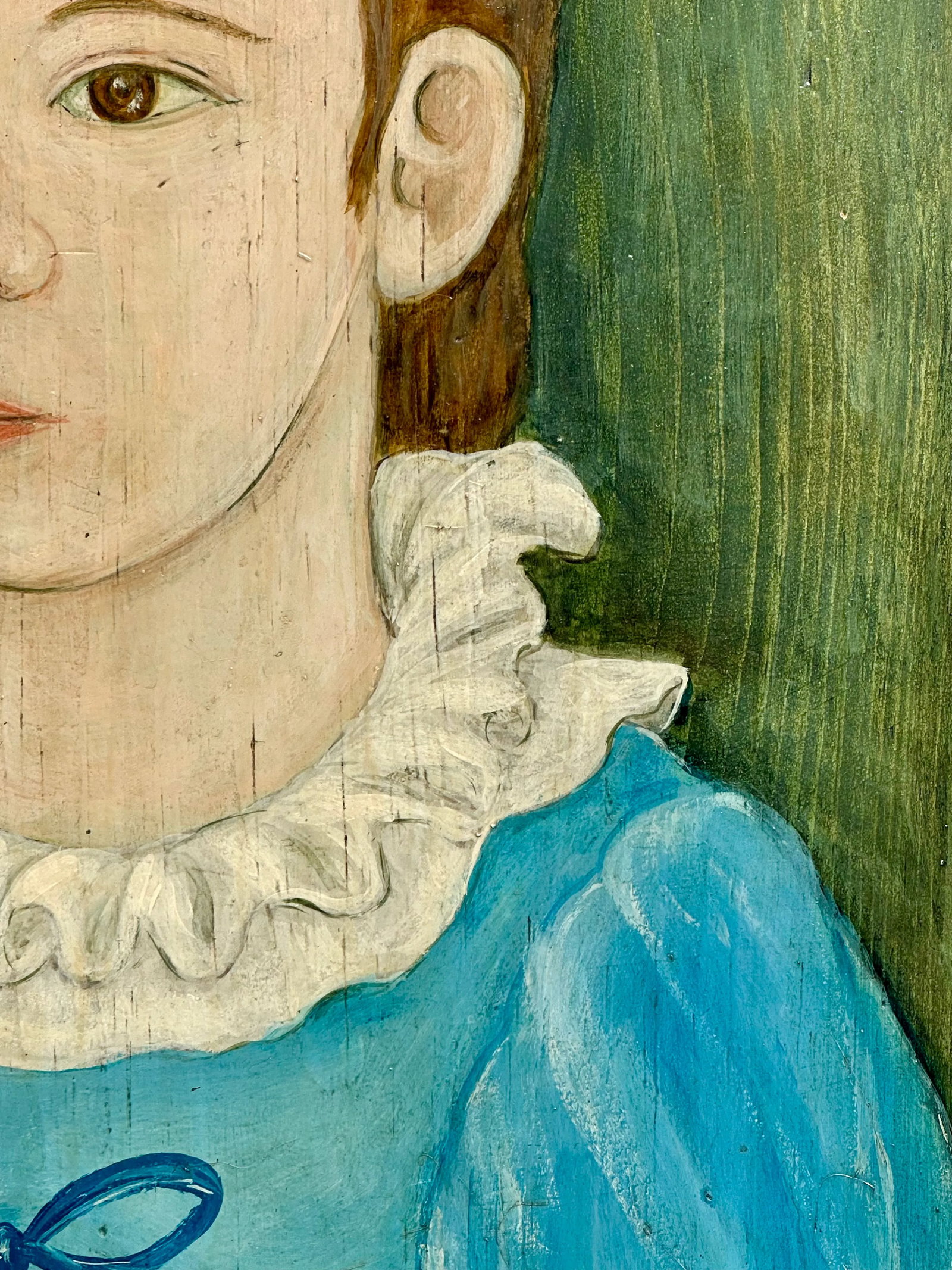 Original Vintage Signed Folk Art Portrait Painting on Wood Panel - 9