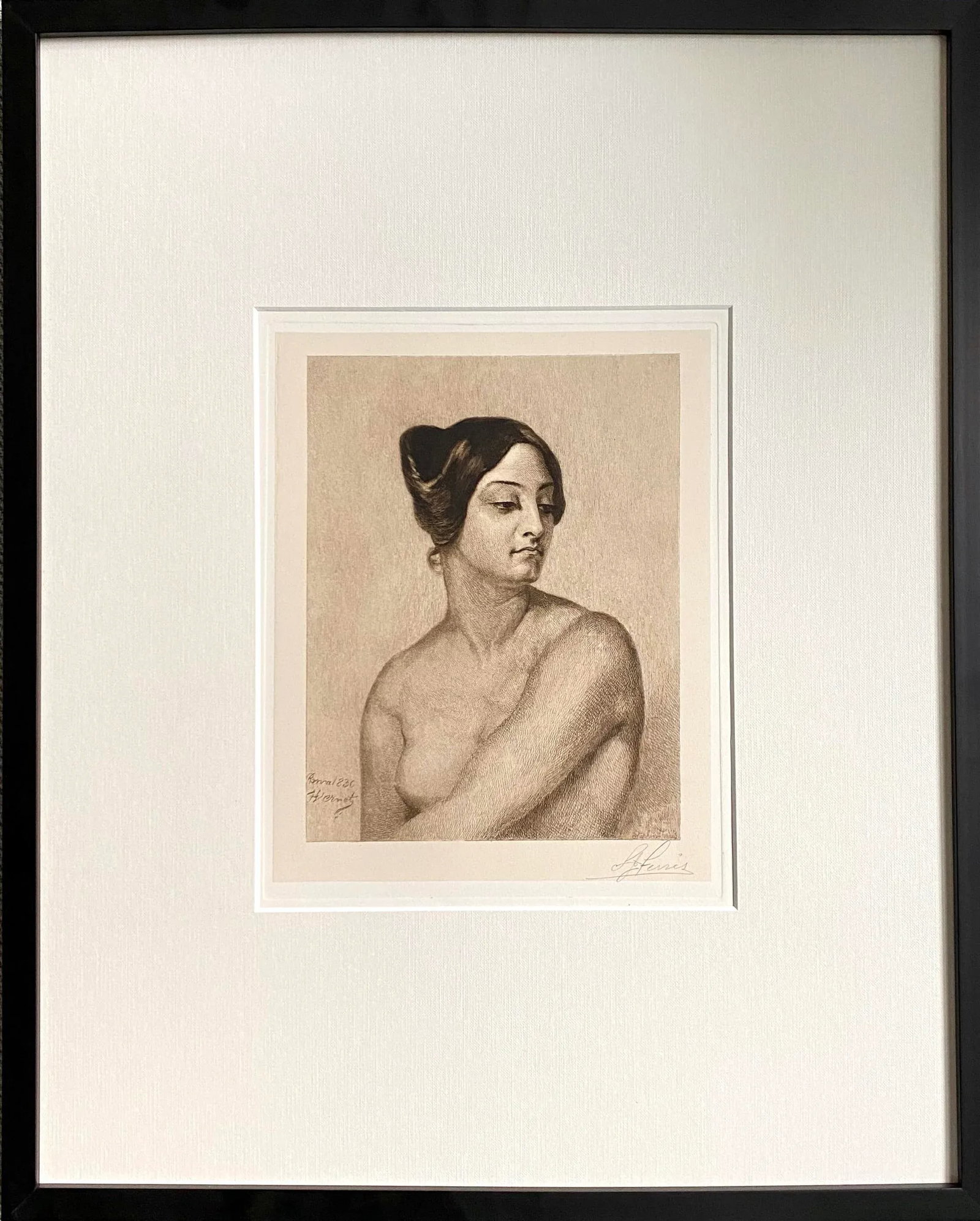 1889 Study of Olympus Pelissier for Judith Horace Vernet (After) Etching Signed Stephen James Ferris: Antique etching (1889) after the painting by Emile Jean-Horace Vernet. Etching was done in an edition of 150 in 1895 by Stephen James Ferris. Signed in pencil by the artist in the lower right corner.