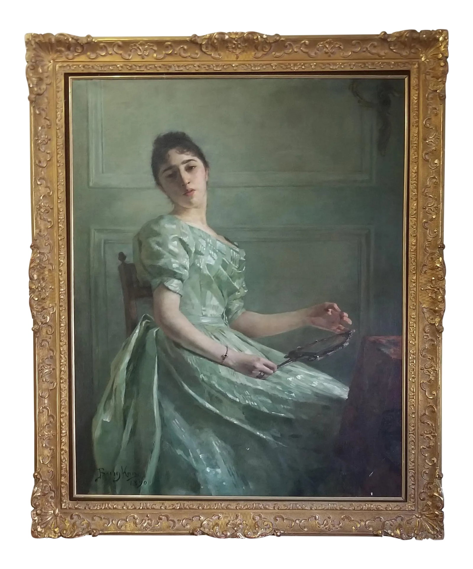1890 Berthe Burgkan Signed Framed Antique Portrait Woman Oil on Canvas Painting: Stunning original French oil painting by renowned listed society painter Bertha Burgkan (1855- 1936). Framed 5" gold-leaf 48 w x 57 h Unframed 38 w x 47 h From Wikipedia... Burgkan was born in Paris