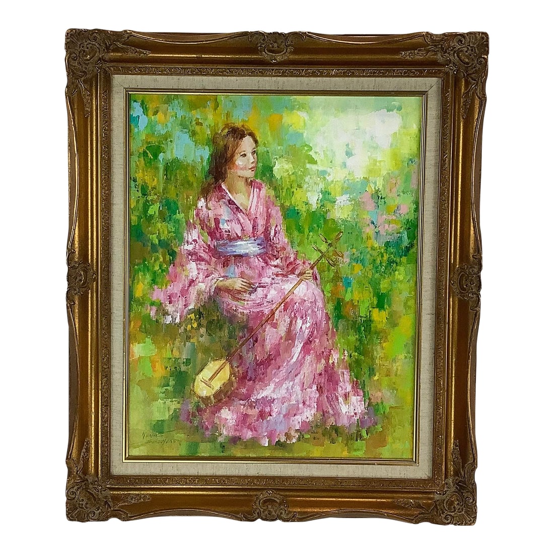 Vintage Impressionist Oil Painting by Karin Schaefers: This signed vintage oil painting by European artist Karin Schaefers presents a serene and culturally rich scene of a seated woman in a flowing pink kimono, gently cradling a traditional Japanese