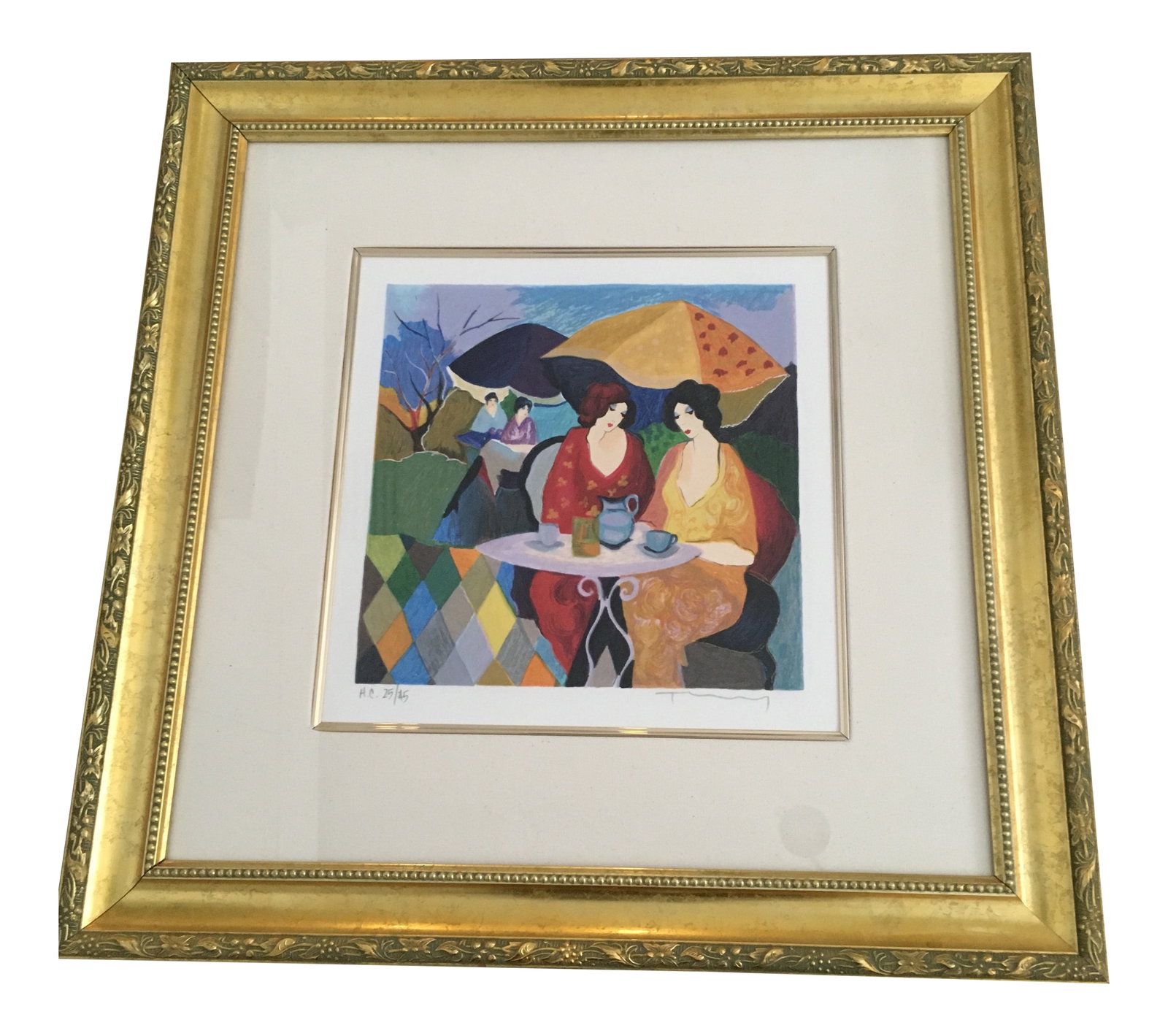 1990s "Enchanted Moments" Serigraph by Itzchak Tarkay, Framed: Tarkay "Enchanted moments". Frame 22x 22". Art 10x10" Hand signed and numbered " HC 25/45 Itzchak Tarkay had perspective of colorful images of people and places captured in a timeless world. Tarkay's