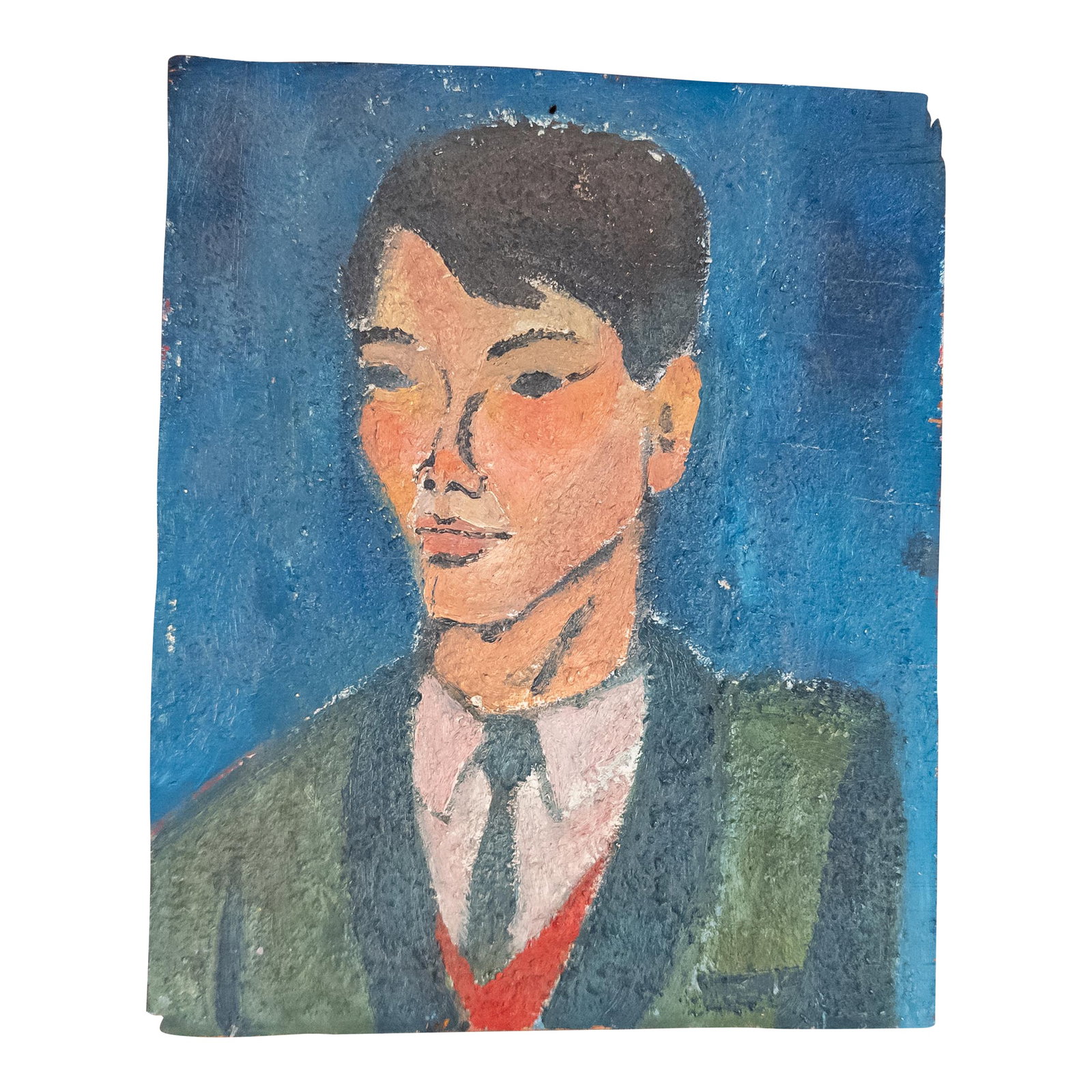 Mid-Century Modern Modernist Portrait of a Man, Oil on Plywood: We are selling this super cool Mid-Century portrait of a Man. This painting is well executed and clearly influenced by Amadeo Modigliani's modernist style. The painting is executed on a prepared plywo