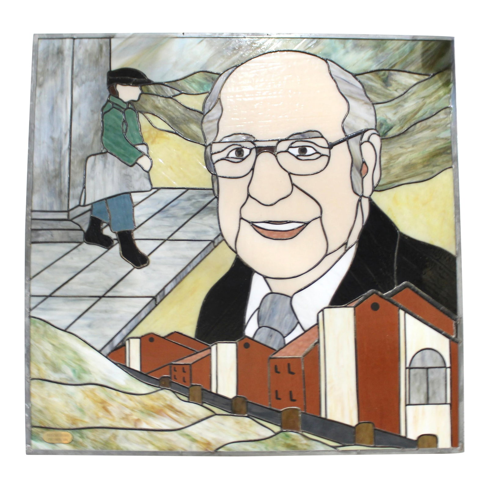 Large Stained Glass Portrait 1970s: Portrait of a middle-aged man created in stained glass with references to his paperboy career and hometown with mountains in the distance. c1970s Condition: Alterations: Original Condition Unaltered
