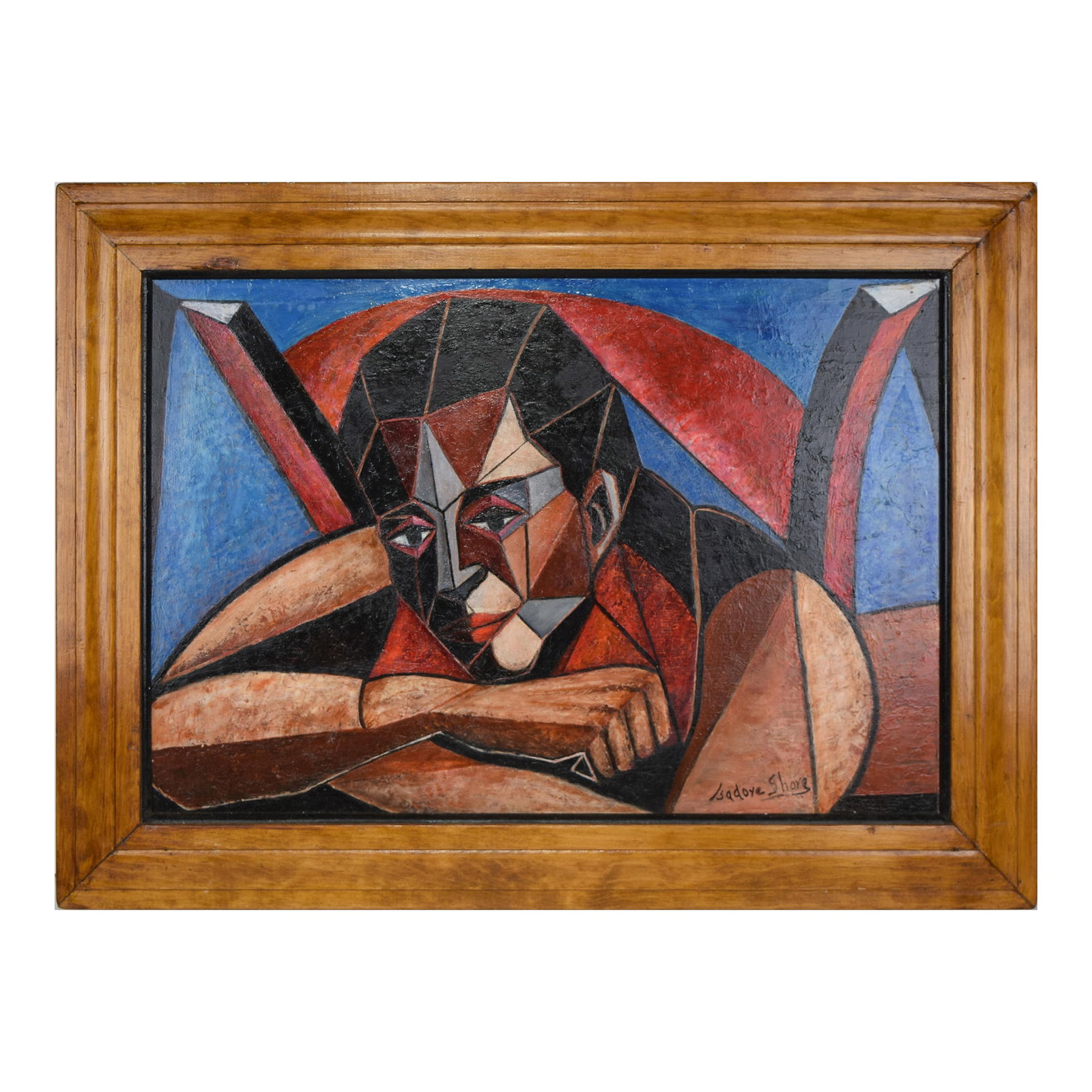 Vintage Mid Century Cubist Portrait Painting of a Woman: Vintage Cubist portrait painting of a woman signed lower right "Isadore Shore". Oil on board, presented in original wood frame. Condition: Alterations: Original Condition Unaltered Imperfections: Some