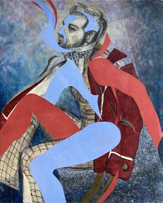 Original Abstract Figurative Collage on Canvas, "Shape Shifter by Kathleen Ney: The shape shifter archtype in literature often shows up as a catalyst for change. As the end of a tumultuous year draws closer, it's good to think and plan about what type of changes we all need to
