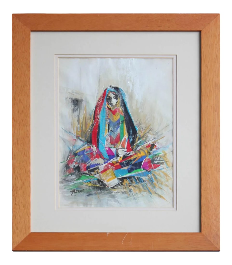 Khaled Alkhani Mixed Media Figurative Cubist Portrait of a Middle Eastern Woman 21st Century: Cubist style mixed media contemporary portrait of a Middle Eastern woman. The work has fabric glued to the paper to represent her clothing. The work is signed by the artist in the bottom corner. It is
