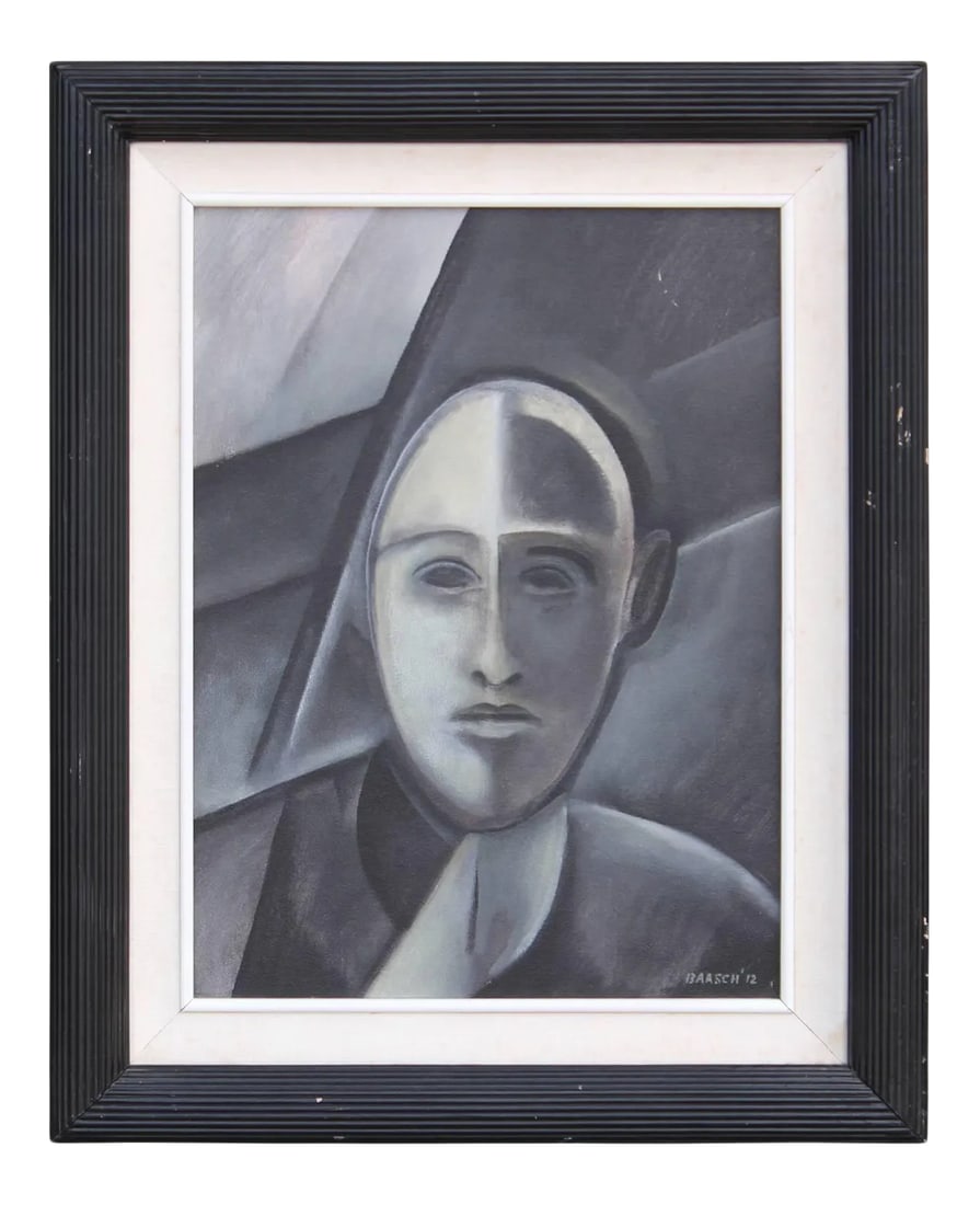 "Portrait of a Man" Grey Toned Cubist Portrait 2010s: Surrealist portrait of a man with multiple shades of black, grey, and white. The painting is signed and dated in the bottom right corner. The painting is framed in a black frame with a white mat. Arti
