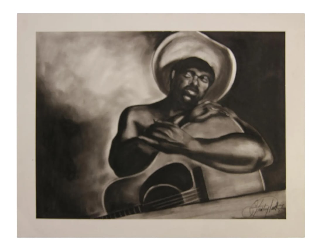 Stanley Clark Untitled Naturalistic Portrait of a Musician: Untitled naturalist portrait of a musician with a guitar. The work is signed by the artist in the bottom corner and the work is not currently framed. Artist Biography: Eyes are a recurring motif in