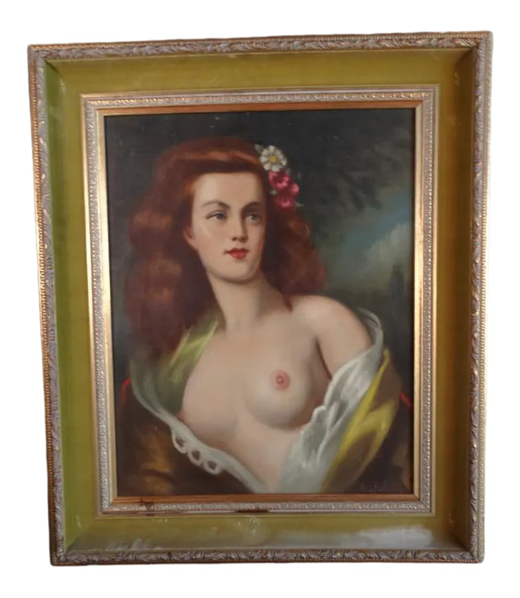 1940s Figurative Female Nude Portrait Oil Painting by Gyula Asztalos, Framed: The canvas is 16" x 20" and the frame is 21 1/2" x 25 1/2". In the manner of earlier classical painters by this noted Hungarian painter. Though this artist was noted as a portraitist and genre painter