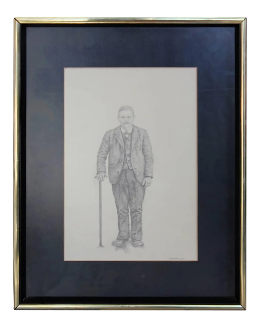 C. Hallam "Portrait Sketch of Man with a Cane" 1975: Gorgeous and detailed portrait sketch of a man in a suit with a cane by artist C. Hallam in 1975. Condition: Alterations: Unknown Imperfections: Some Imperfections Condition Notes: Excellent Materials