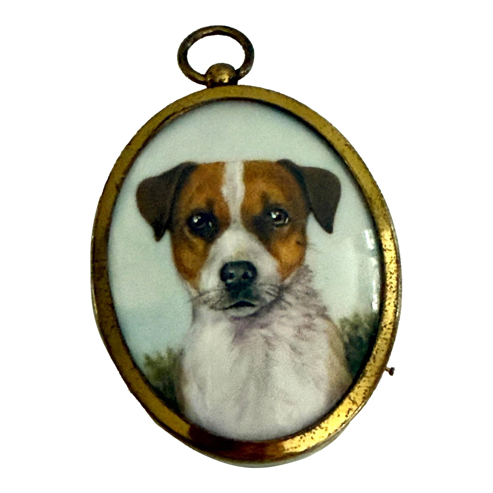 Antique Portrait Miniature of a Jack Russell Terrier: Rare portrait miniature circa 1800's of a Jack Russell Terrier. The dog is framed in an oval brass frame. I do believe this is painted on vellum. Size: 2.75" h, 2" w, .25" d Condition: brass frame