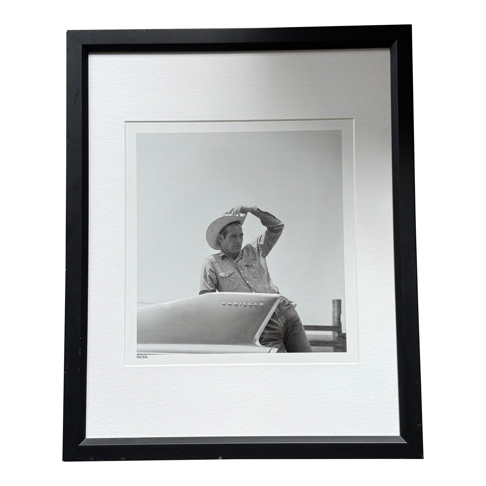 Framed Black and White Print Photo of Paul Newman: Paul Newman leans on the trunk of a Cadillac on the set of the film Hud. Near Claude, TX, USA. Fine Art Giclee reproduction print taken from an original work in the archives of Trowbridge Gallery,