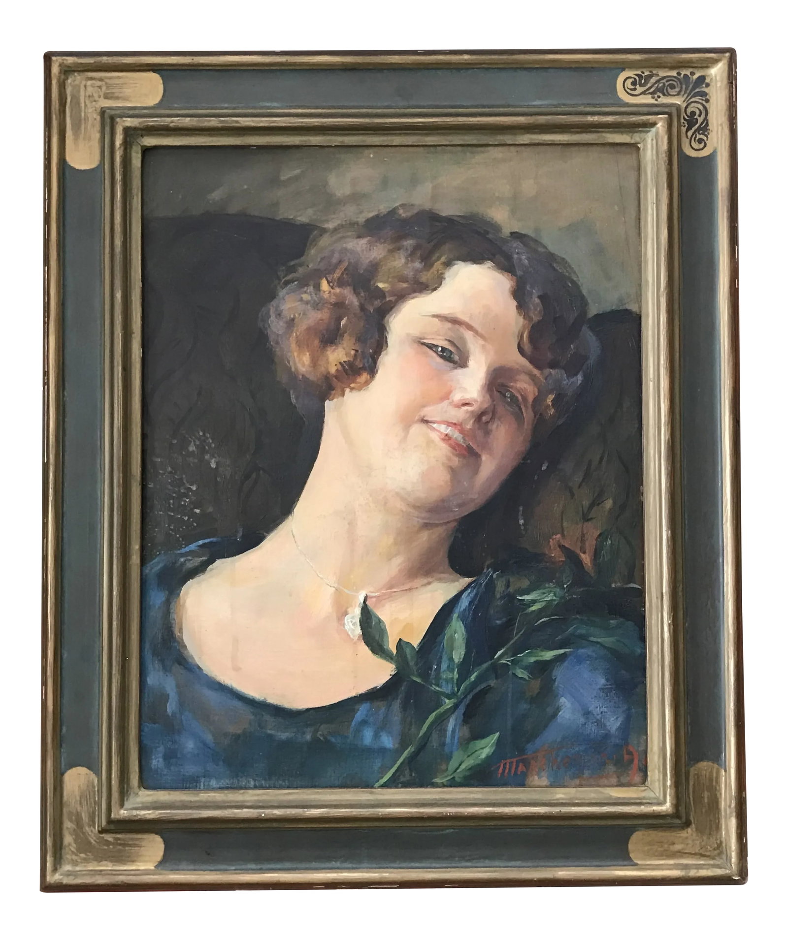 "Lady in Teal Dress" Portrait Oil Painting, Italian American Artist, Armando Marchergiani, San Jose,: Exquisitely painted portrait of Lady in Teal Dress by world renown artist Armando Marchergiani. Born in San Berneletto del Trionto, Italy in 1902. Marchergiani moved to the United States in 1925 when