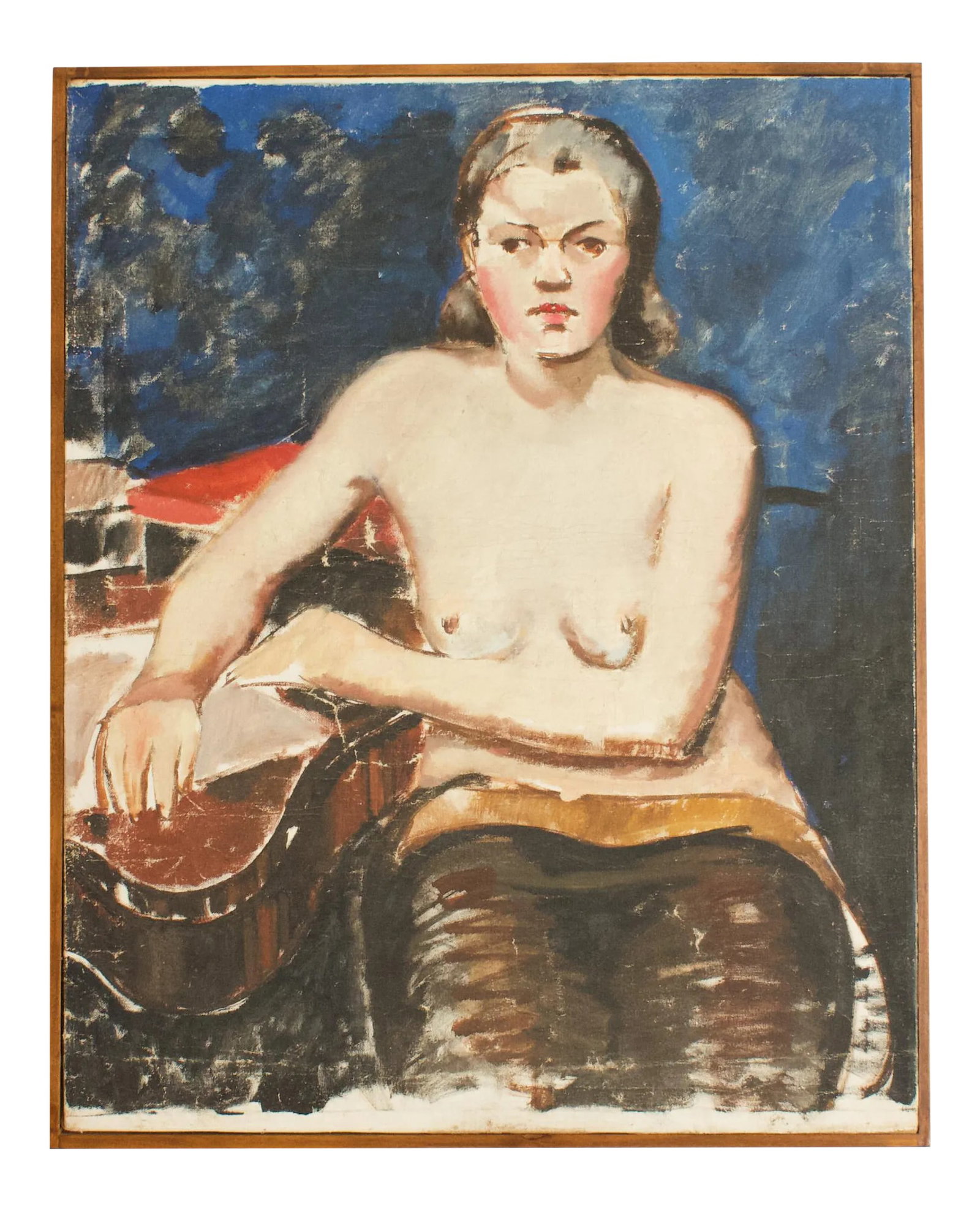 1930s French Seated Nude Painting, Framed: A truly striking wood framed oil on canvas painting of a partially nude woman. The subject's alabaster skin and rosy cheeks contrast beautifully against the inky blue-black background, and her enigmat