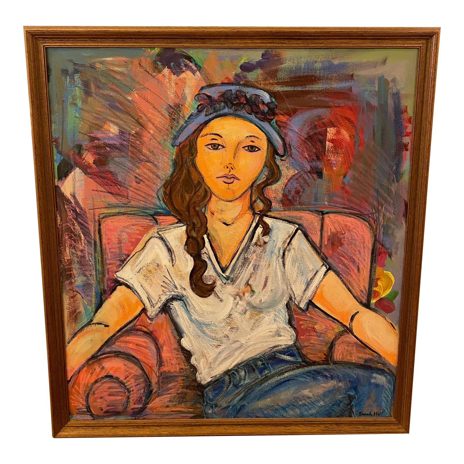 Vintage Sarah Geissbuhler Holl 1993 Large Framed Original Painting on Canvas Signed by Artist: Large Framed Original Painting on Canvas Signed by Artist Sarah Geissbuhler Holl 1993 and also signed on back of Painting canvas. This piece is one of her first paintings after having worked with