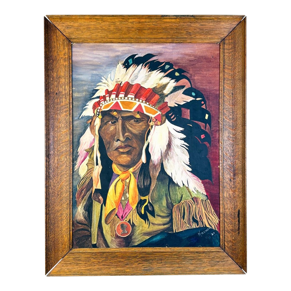1924 Native American Chief Portrait - Gouache & Watercolor on Board - Signed Kremer: A striking 1924 portrait of a Native American chief, painted in gouache and watercolor on artist's board. The work is boldly signed "KREMER" and dated "Jul 24" at lower right. The chief is portrayed