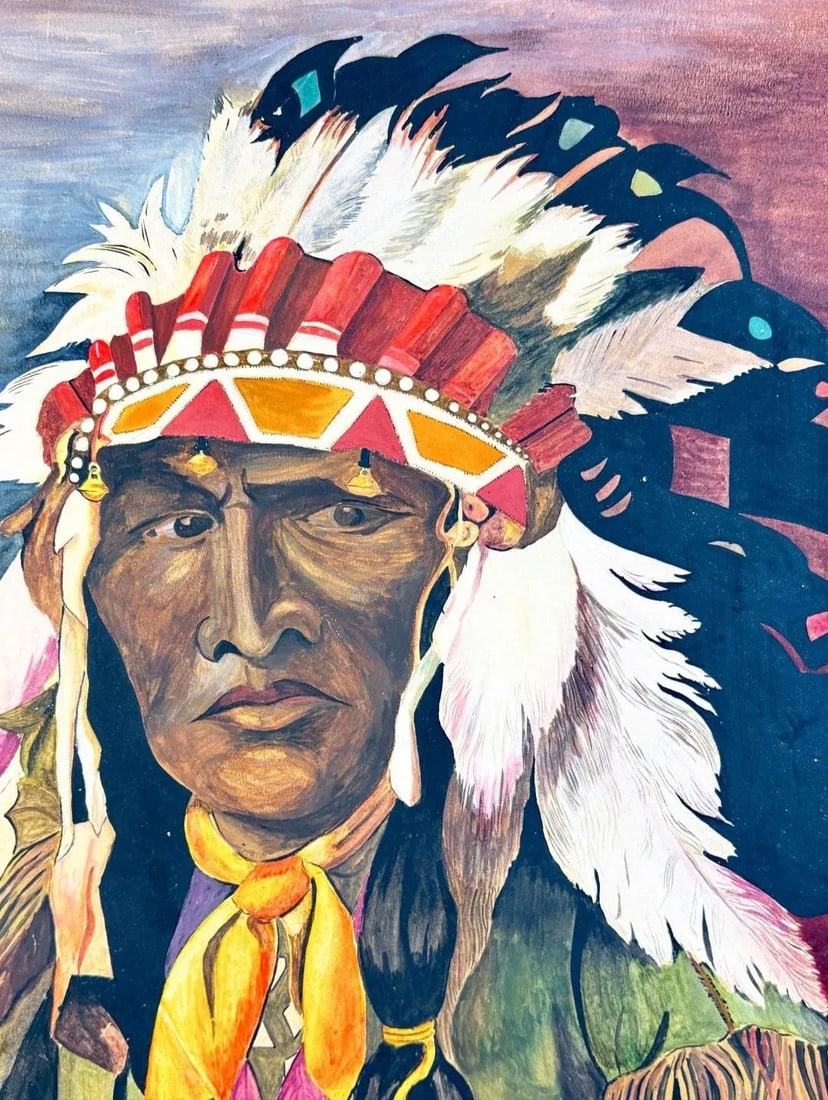 1924 Native American Chief Portrait - Gouache & Watercolor on Board - Signed Kremer - 2