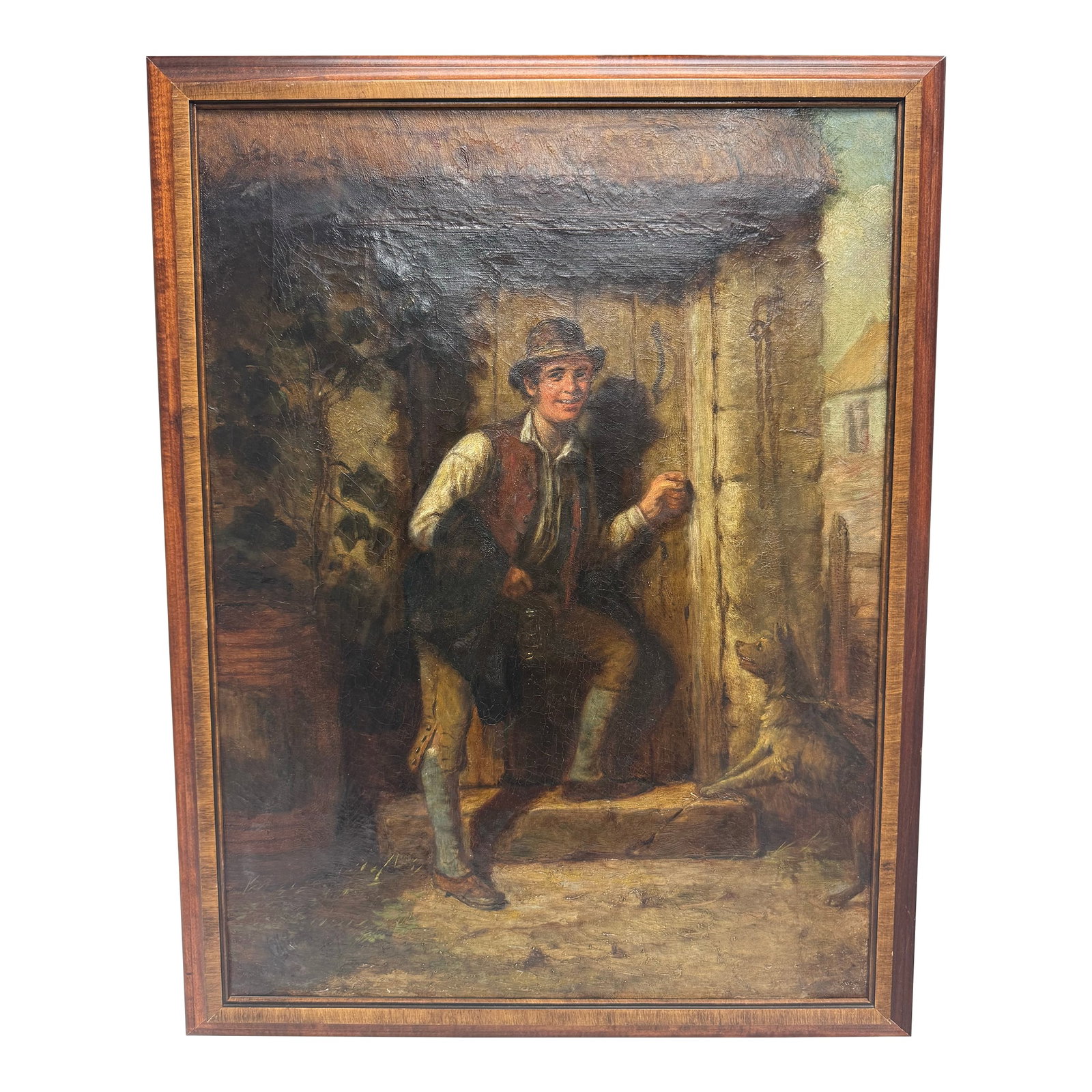 Antique English Signed 1874 Oil Man and Dog Painting: Antique signed and dated oil on canvas painting of a man and his dog greeting him. Signed H. Cook 1873. Condition: Alterations: Original Condition Unaltered Imperfections: Some Imperfections Condition
