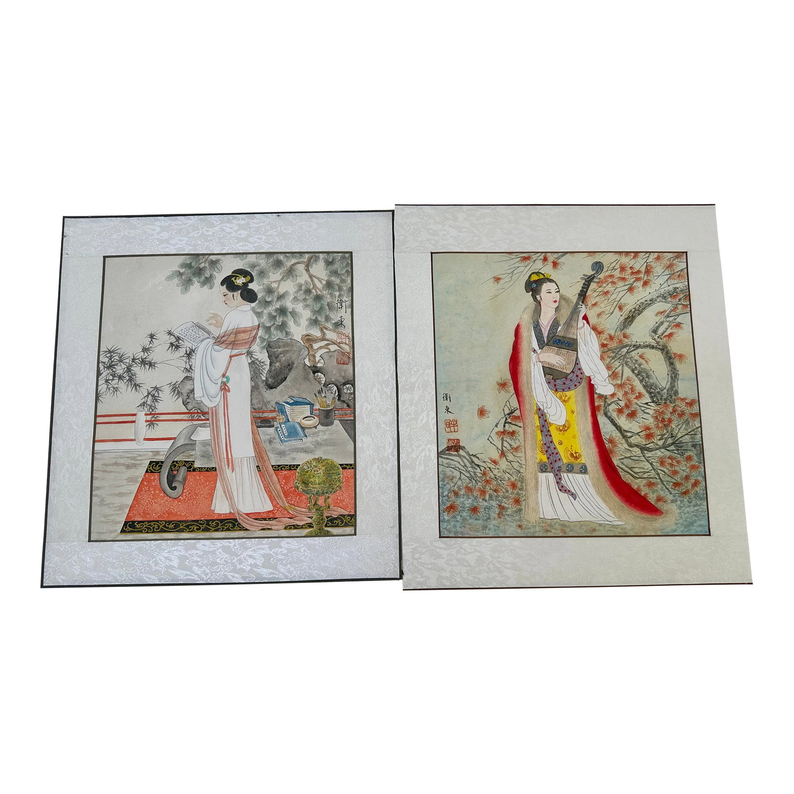 Late 20th Century Pair of Chinese Gongbi Watercolor Paintings - Court Ladies, Signed Wei Dong: Elegant pair of mid-20th-century Chinese School gongbi (fine-line) watercolor paintings on paper, each depicting a refined court lady. One scene shows a scholar's studio with books and writing