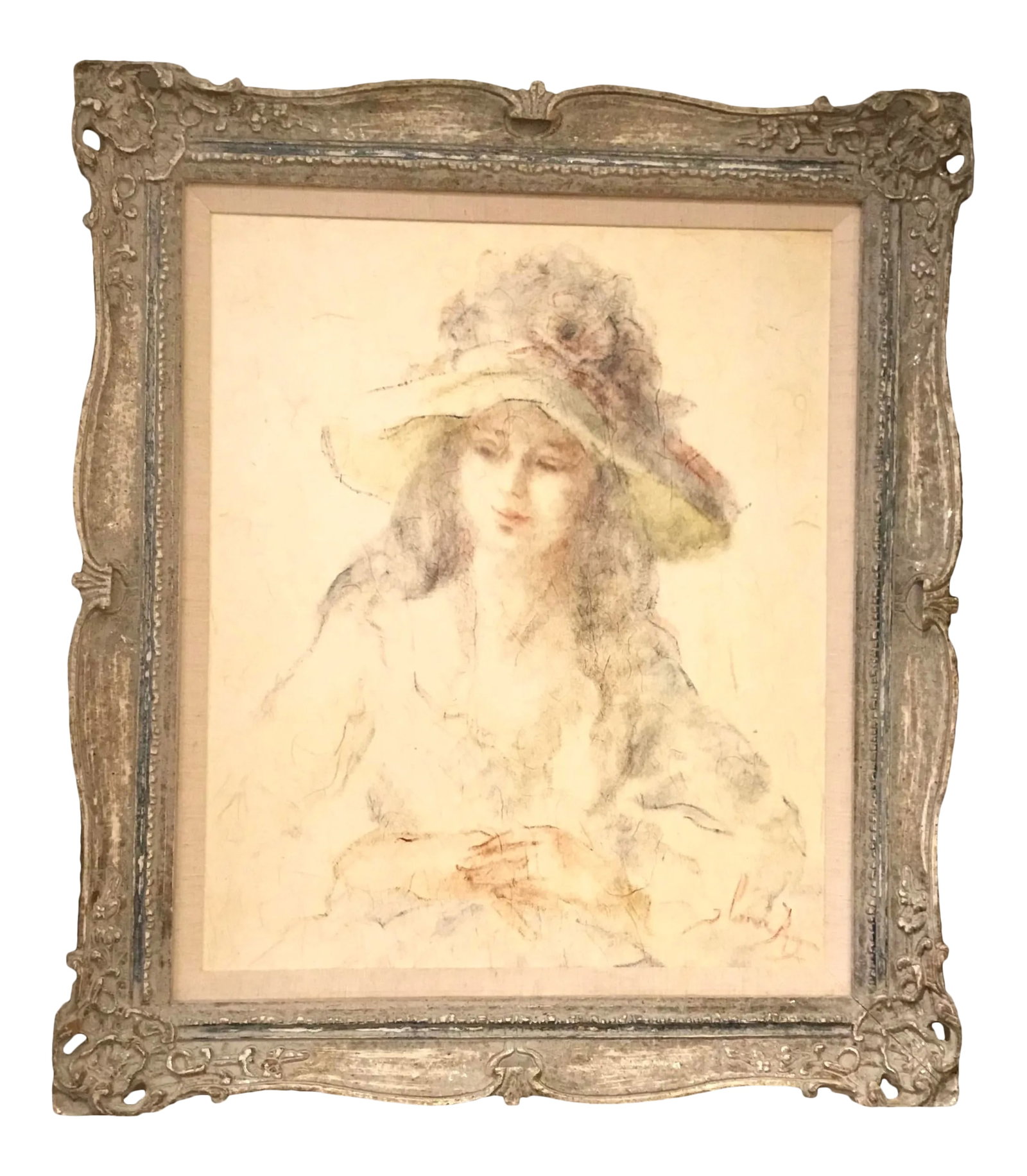 1960's Signed Vintage Lady in a Hat Custom Framed Painting: Stylish 1960's Signed Vintage Lady In a Hat Custom Farmed Painting. Carved gray wash frame with oatmeal linen liner Condition: Alterations: Original Condition Unaltered Imperfections: Some