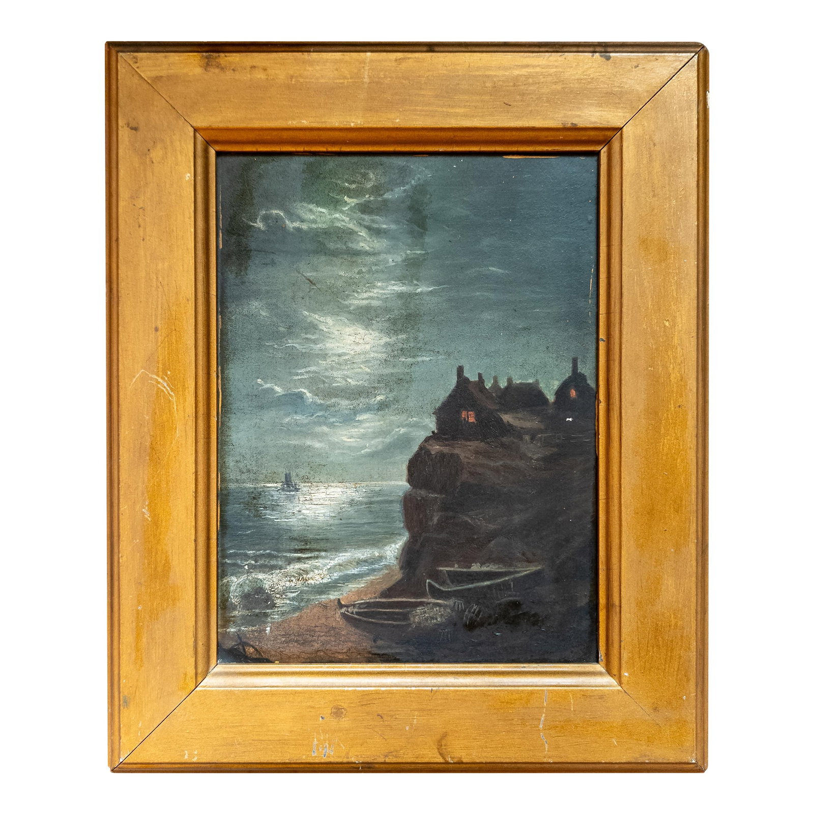 19th Century Moonlit Nocturne Oil Painting of a Shoreline (1 of 9)