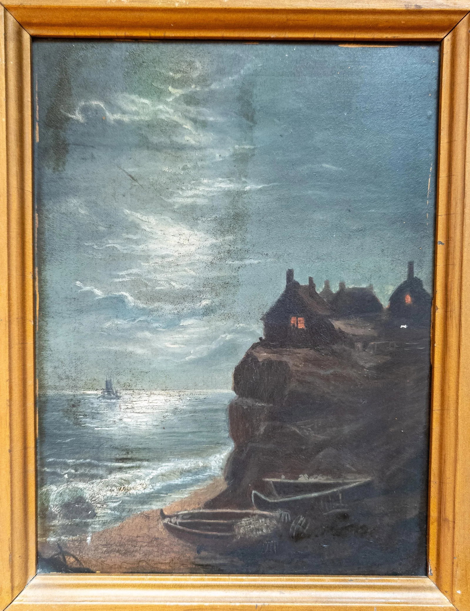 19th Century Moonlit Nocturne Oil Painting of a Shoreline - 2