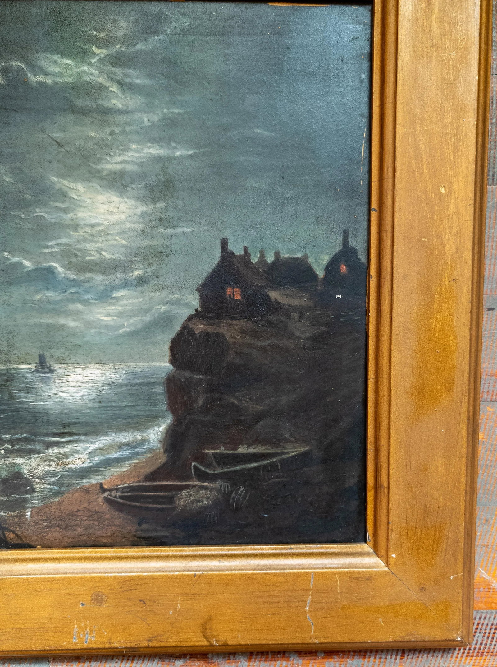 19th Century Moonlit Nocturne Oil Painting of a Shoreline - 5