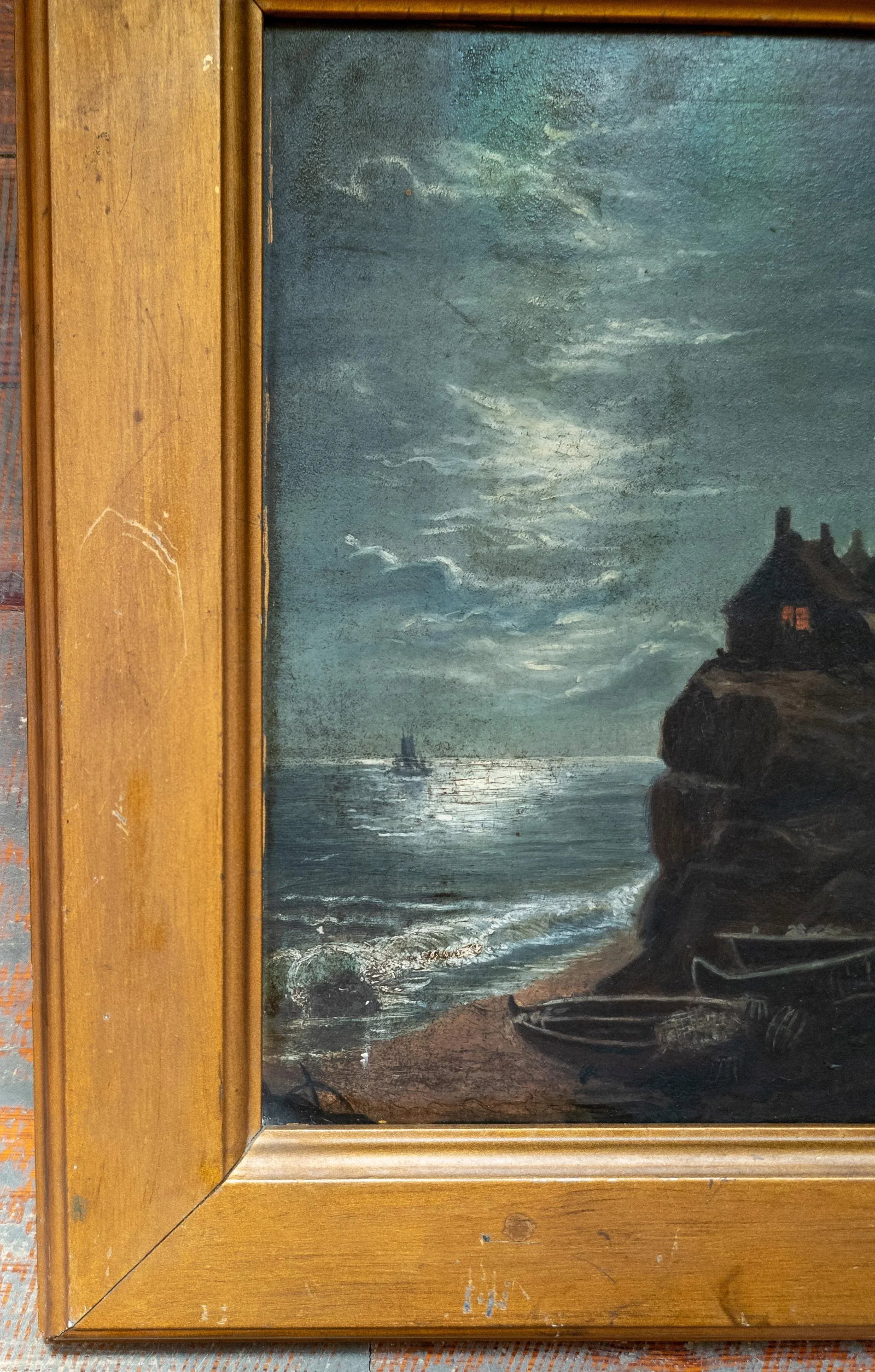 19th Century Moonlit Nocturne Oil Painting of a Shoreline - 6
