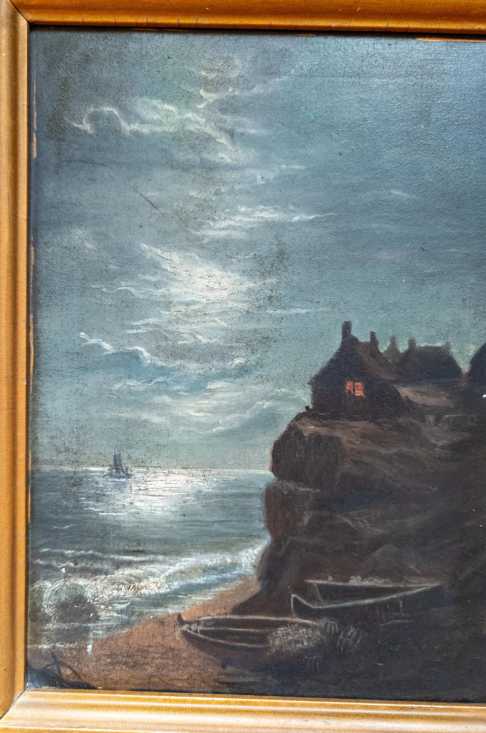 19th Century Moonlit Nocturne Oil Painting of a Shoreline - 8