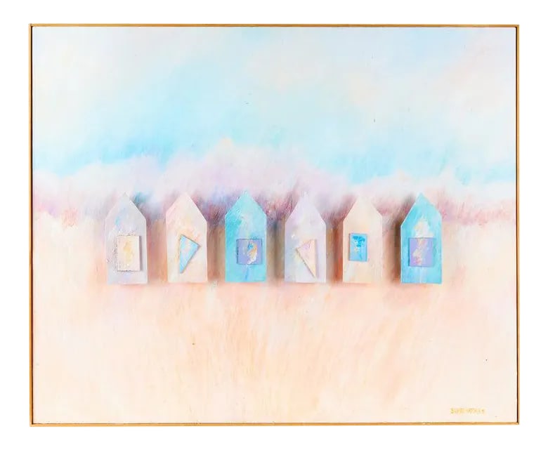 Large Vintage Painting on Canvas | Houses: Original painting with 3-dimensional element. Dreamlike pastel colors surrounding wood houses attached to the canvas. Signed B. White Hatcher. Original wood frame. CONDITION: Excellent vintage