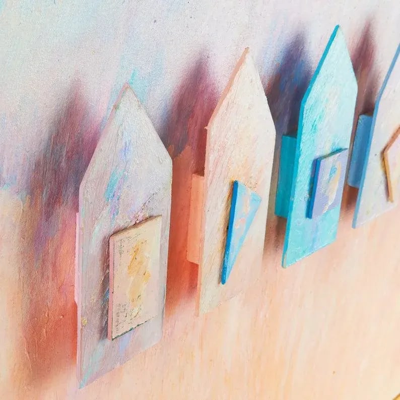 Large Vintage Painting on Canvas | Houses - 2