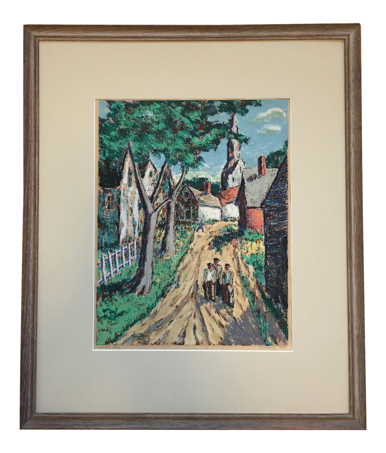 1940s Abstract Landscape Serigraph, Framed: Harry Shoulberg (1903-1995) was an American expressionist painter. His serigraphs were exhibited at the Corcoran Gallery, Library of Congress, and the Audubon Society. His work is in the Baltimore