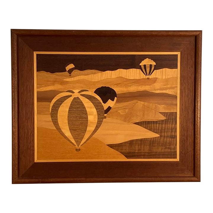 Vintage Marquetry Wood Inlay Art - Hot Air Balloons Landscape Scene: Striking vintage marquetry panel depicting hot air balloons floating across a desert landscape. Created entirely from natural wood veneers in varying tones, the piece showcases the intricate craft of