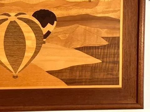 Vintage Marquetry Wood Inlay Art - Hot Air Balloons Landscape Scene - 2
