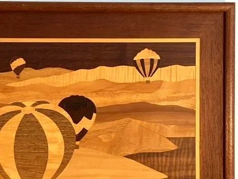 Vintage Marquetry Wood Inlay Art - Hot Air Balloons Landscape Scene - 3