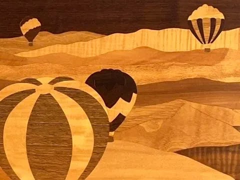 Vintage Marquetry Wood Inlay Art - Hot Air Balloons Landscape Scene - 4