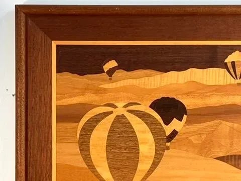 Vintage Marquetry Wood Inlay Art - Hot Air Balloons Landscape Scene - 5