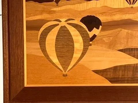 Vintage Marquetry Wood Inlay Art - Hot Air Balloons Landscape Scene - 6