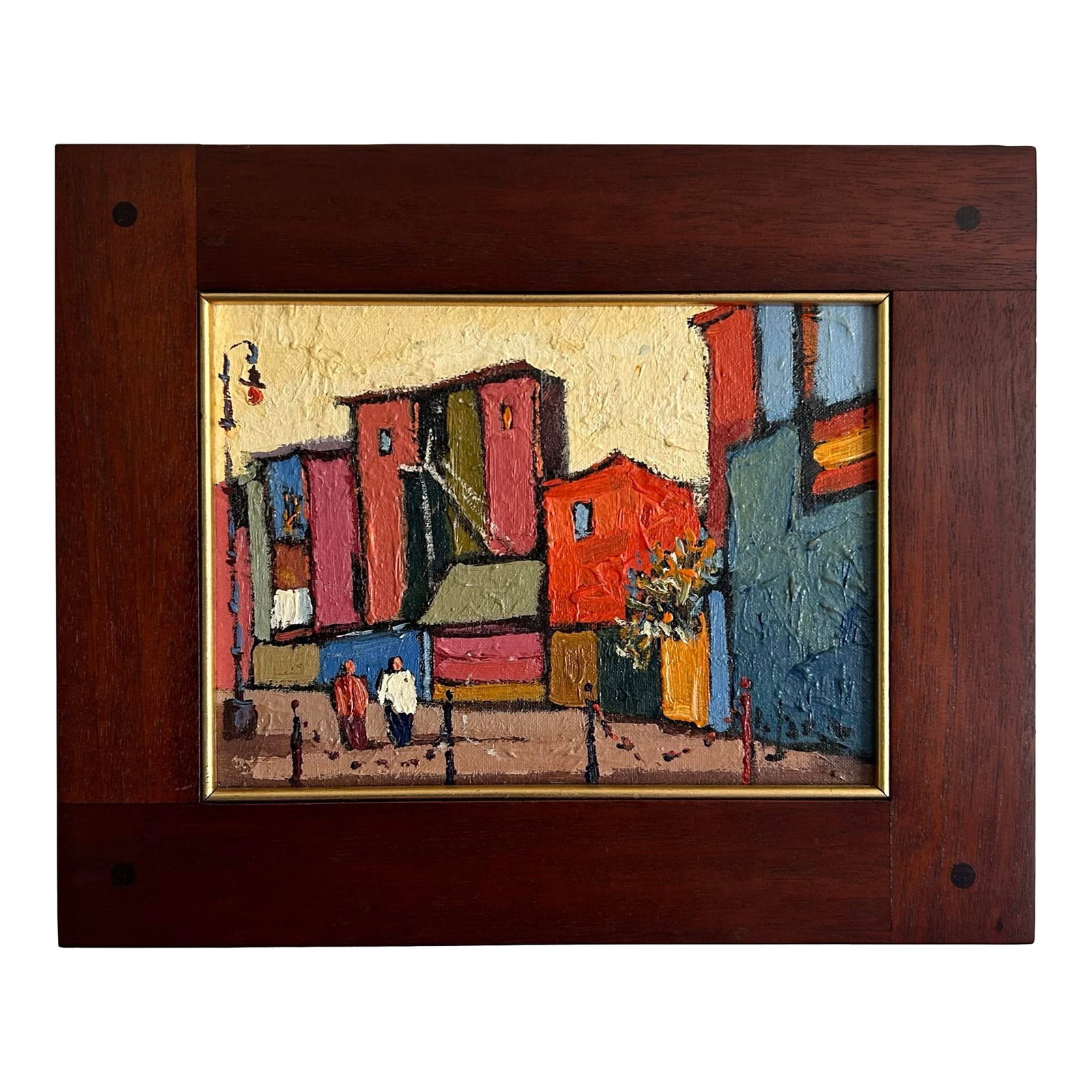 Vintage Oil Painting Abstract Street View With Bright Colors by Rodolfo Jara: Vintage oil painting on board of an abstract street view with bright colors. Painted by listed artist Rodolfo Jara. Nice thick impasto paint. In beautiful custom wood frame. Painting measures 7" x 9.5