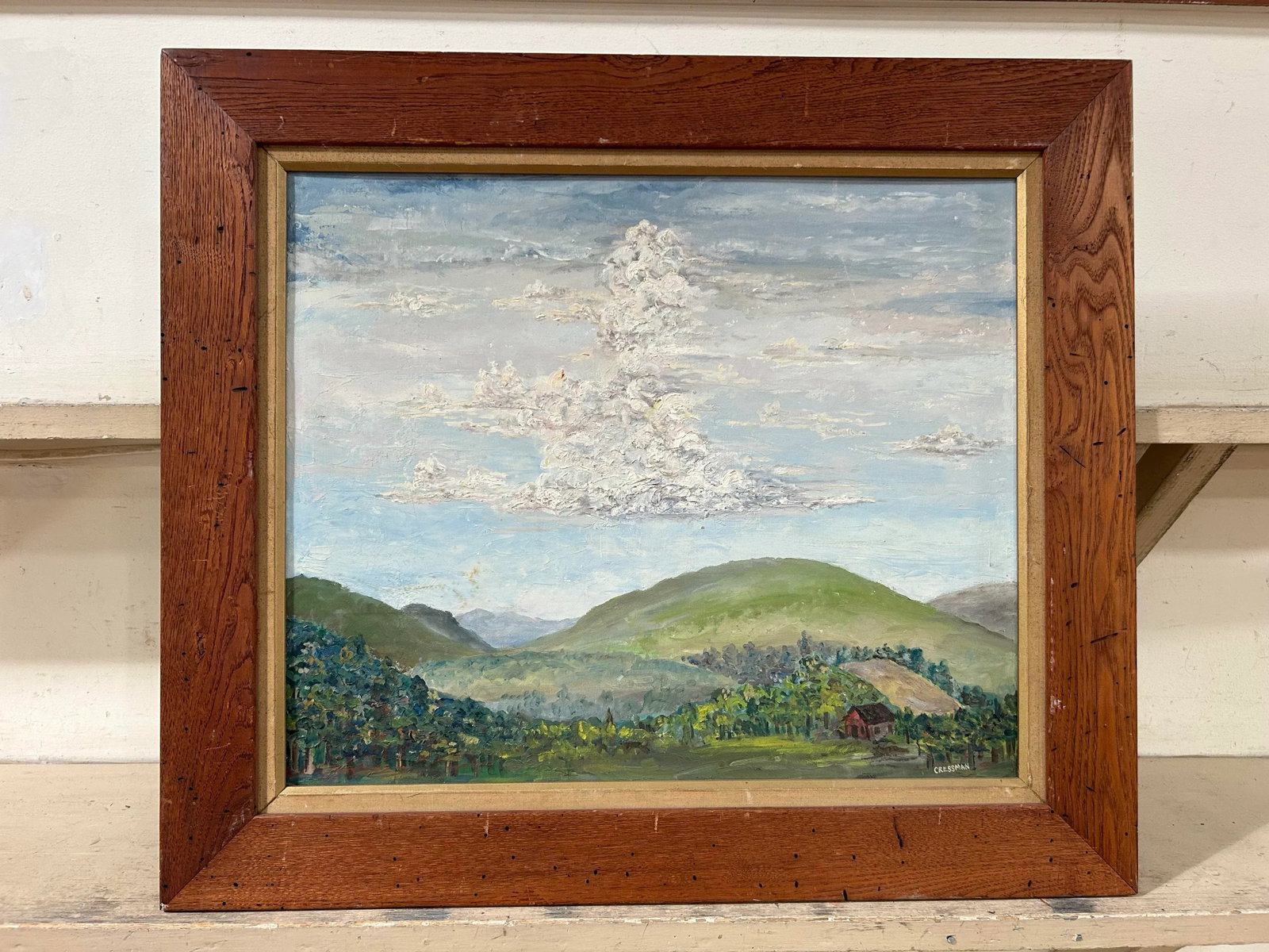 Vintage Primitive Impressionist Farm Landscape Oil Painting in Wood Frame - 2