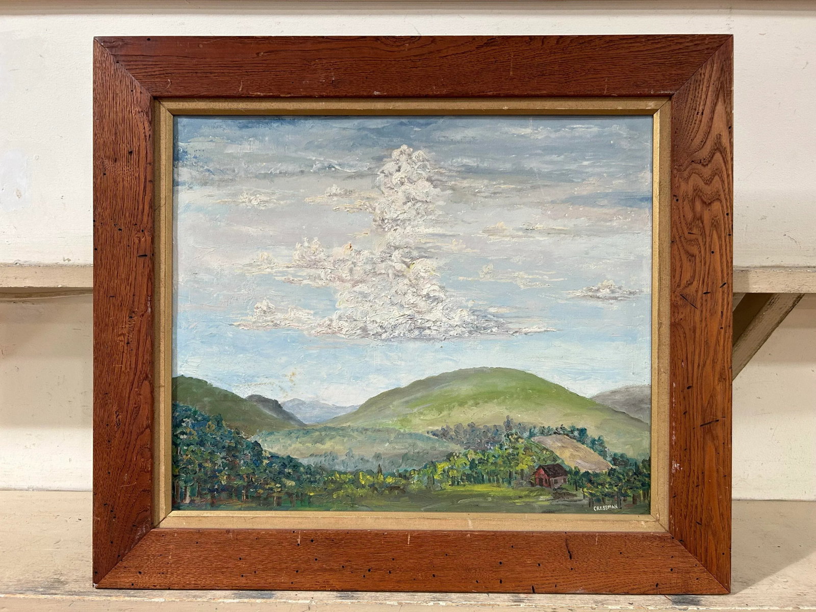 Vintage Primitive Impressionist Farm Landscape Oil Painting in Wood Frame - 3