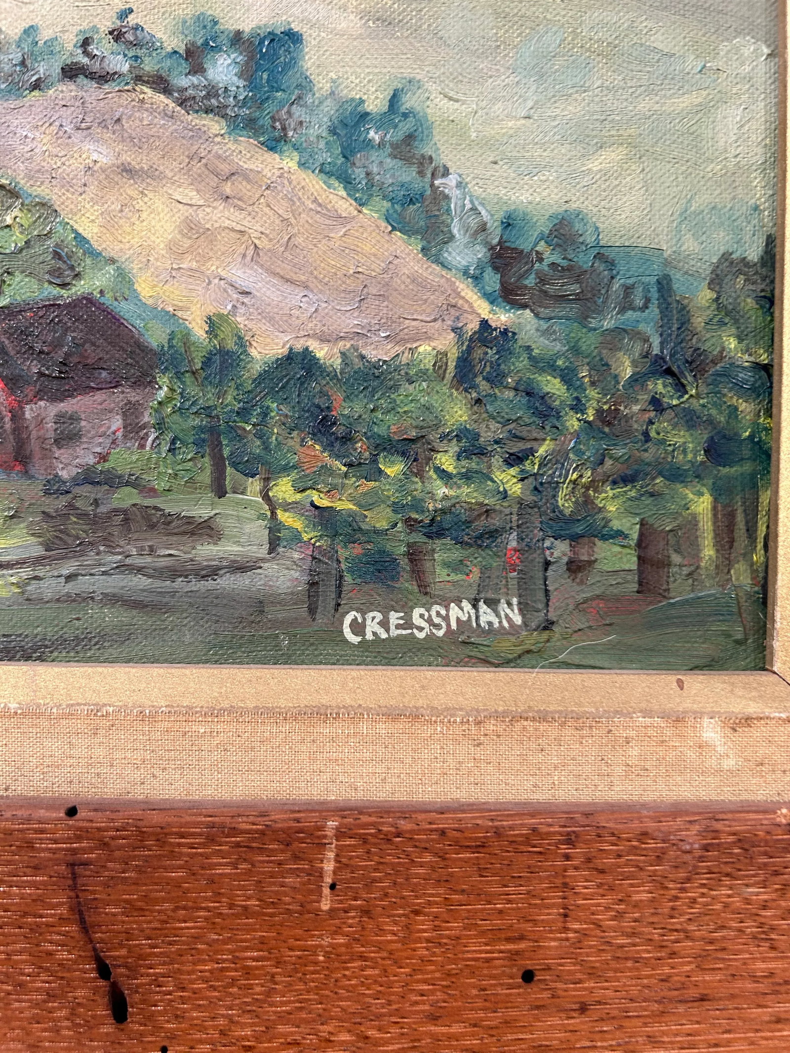 Vintage Primitive Impressionist Farm Landscape Oil Painting in Wood Frame - 4