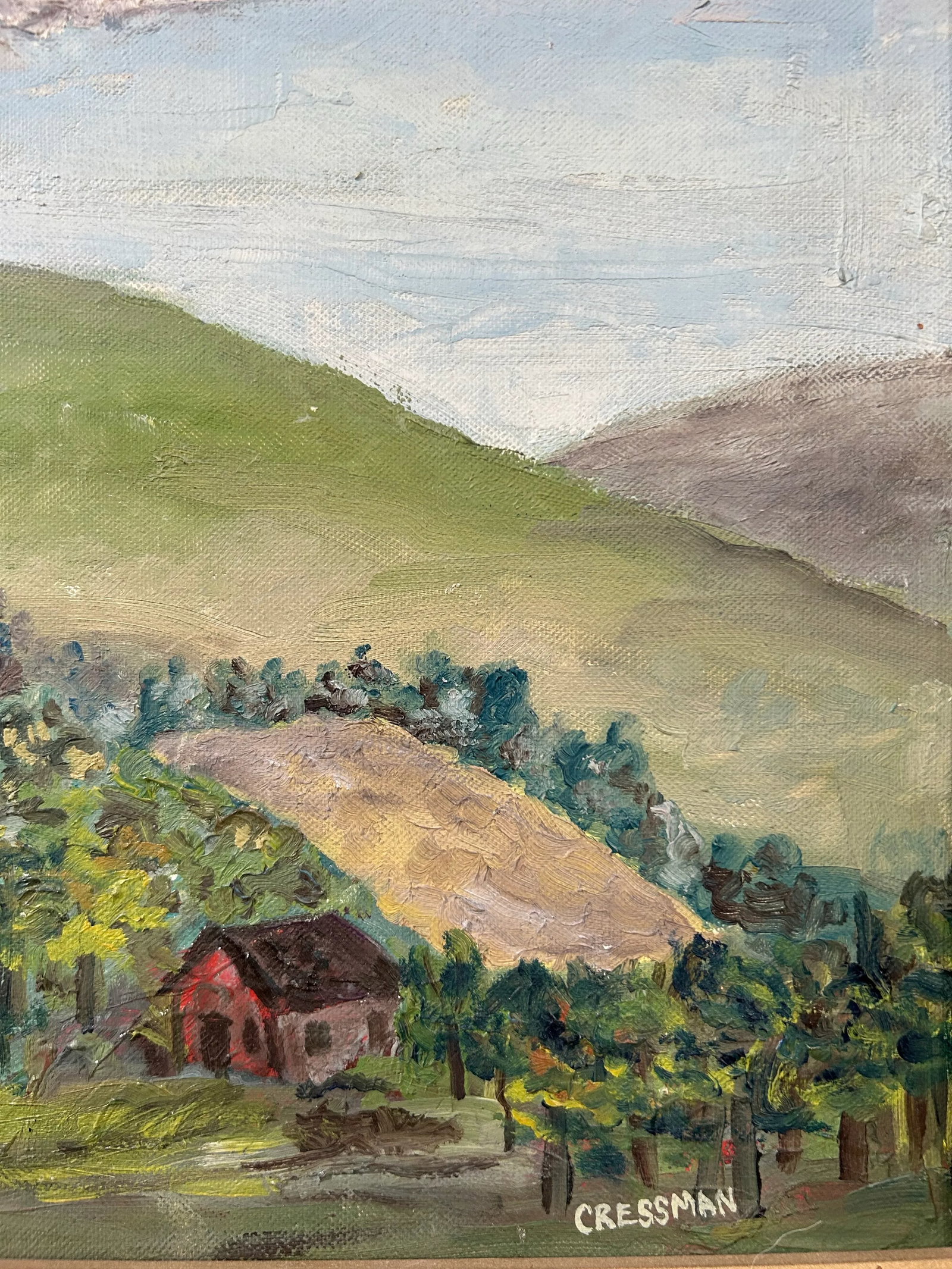 Vintage Primitive Impressionist Farm Landscape Oil Painting in Wood Frame - 5