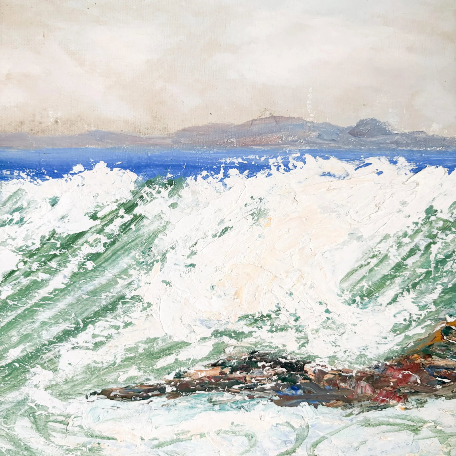 Ocean Waves Crashing on Rocks Painting, 1960's Textured Nautical Ocean Painting, Framed - 2