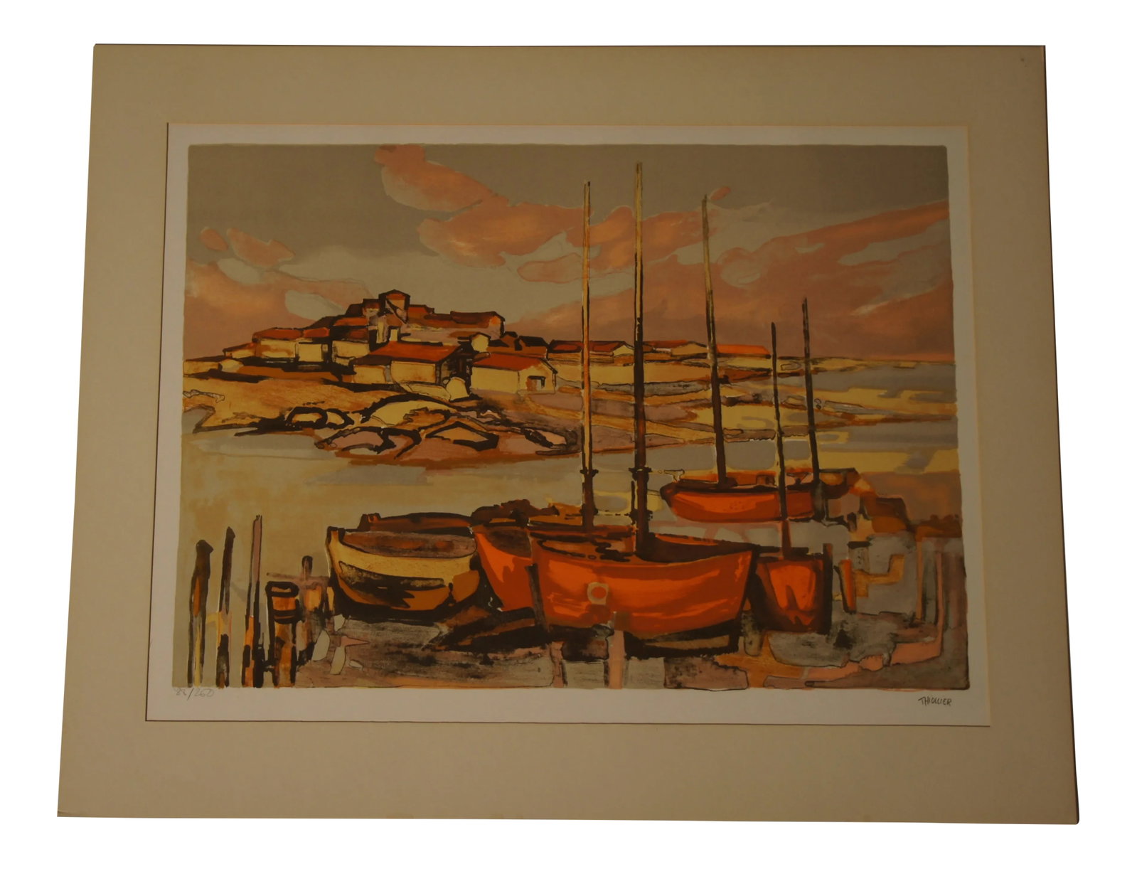 1960s French Fishing Village Lithograph Numbered 88/260 by Eliane Thiollier: Beautiful limited edition lithograph depicting a French fishing village by renowned French lithographer Eliane Thiollier. Her work has been described by critics as bathed in gilded light, pierced with