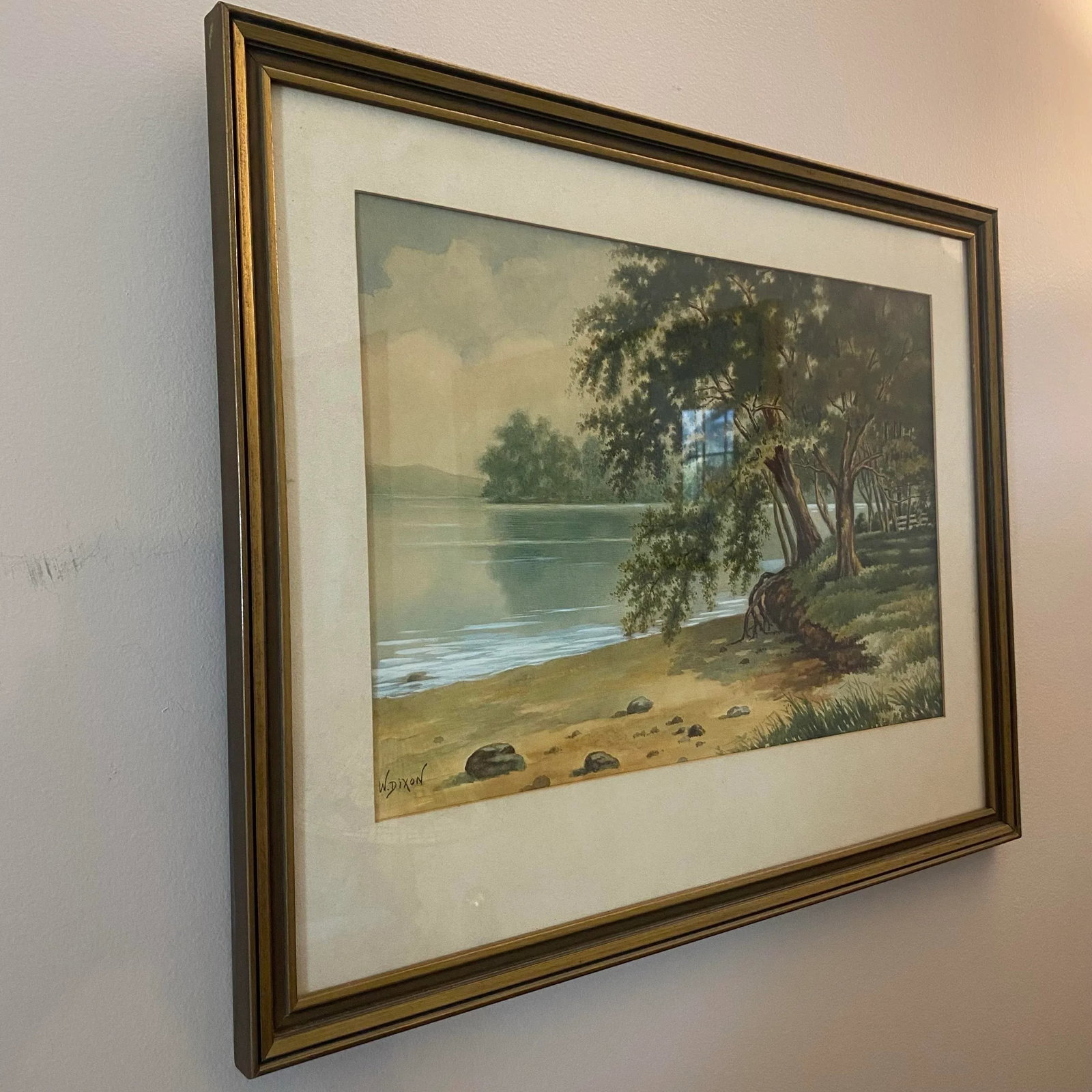 Vintage Mid-Century Landscape Watercolor Lake Scene Framed Wall Art Signed W Dixon - 2