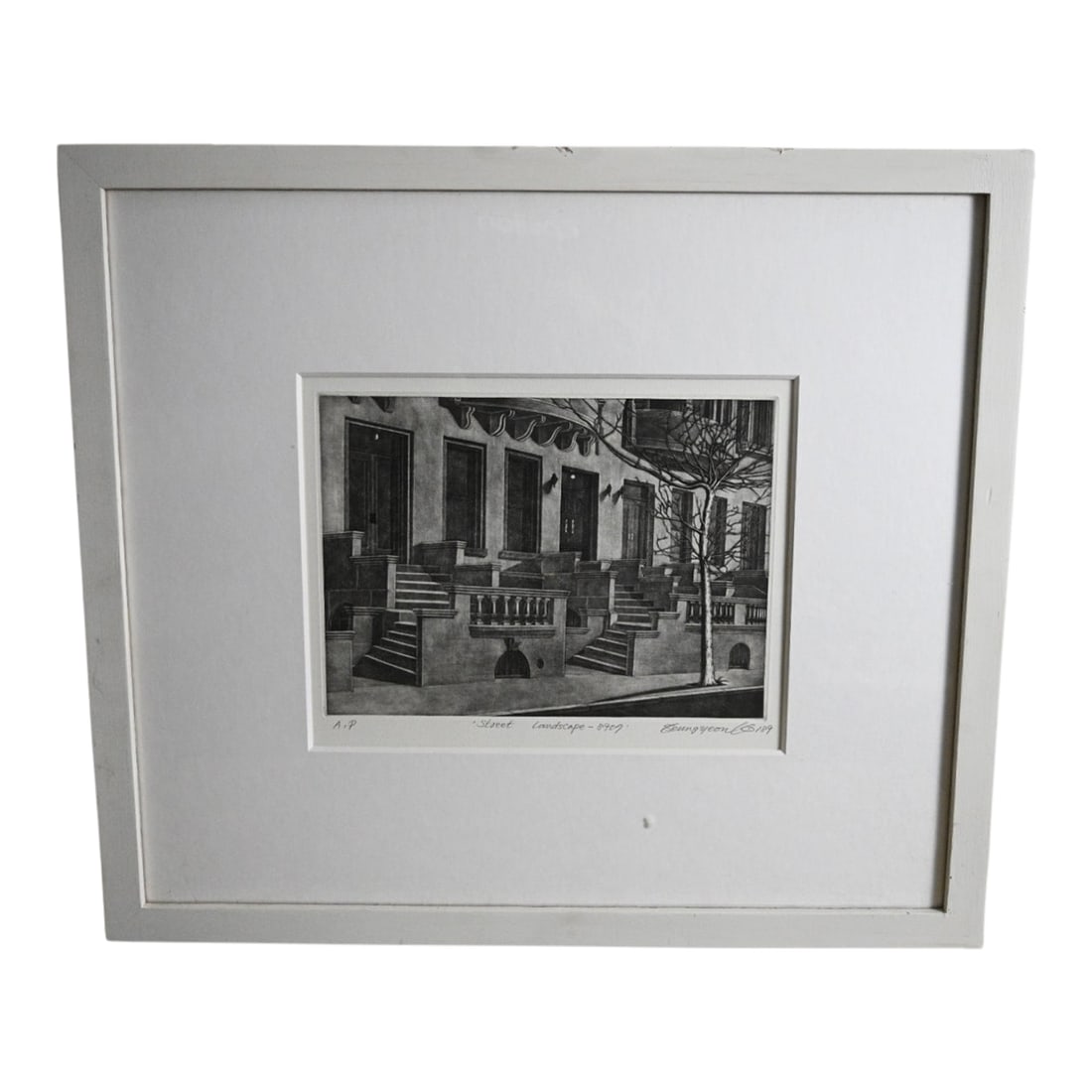 Kim Seung Yeon "Street Landscape" Signed Mezzotint - Artist Proof (1989) - Korean Contemporary: Striking mezzotint by Korean artist Kim Seung Yeon (b. 1955), titled "Street Landscape - 8907" from his Street Landscape series. This artist proof (A.P.) is hand-signed, titled, and dated 1989 in