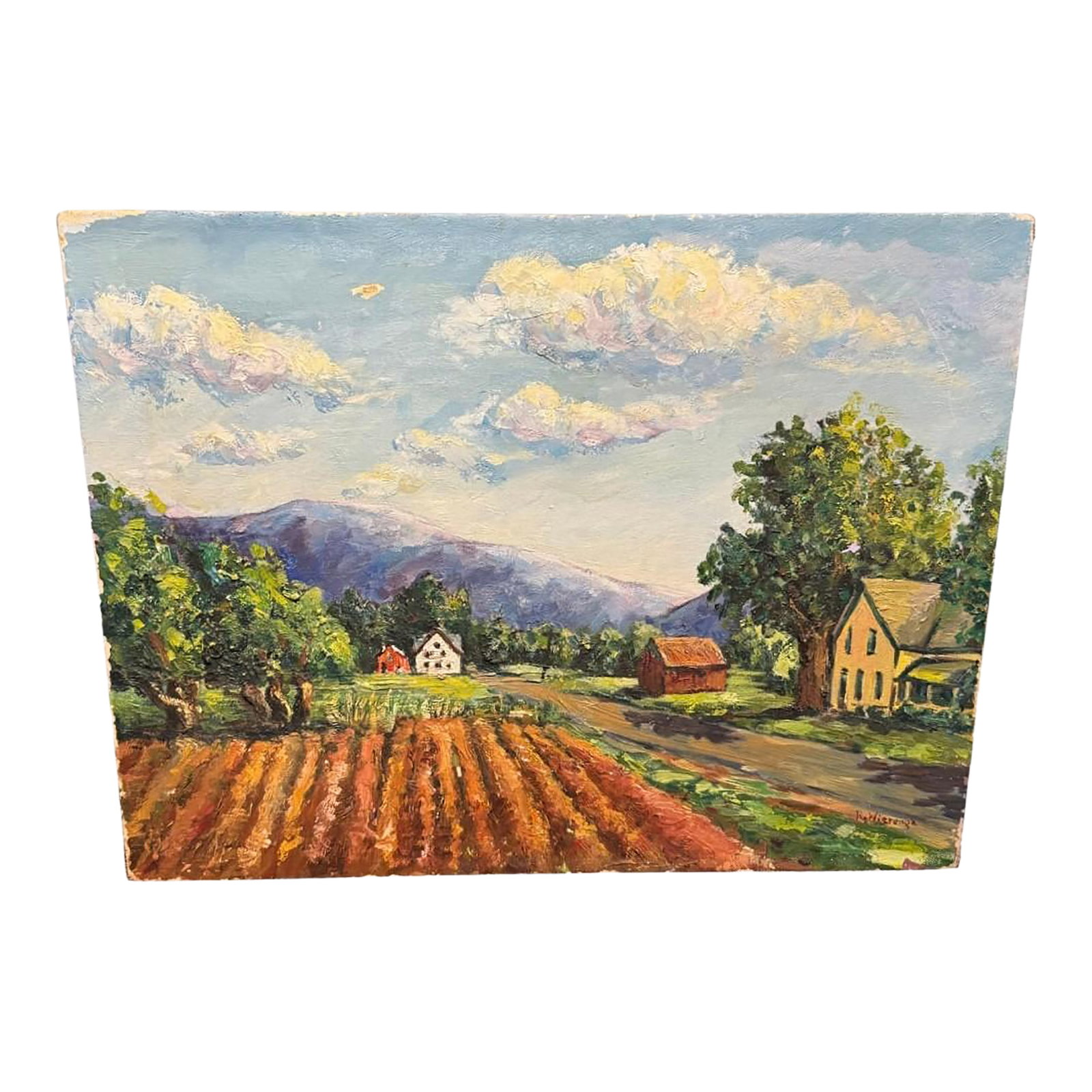 Late 20th Century Ruth Wierenga Signed Countryside Landscape - Original Oil Painting, 18'' * 14'': Original oil painting by American artist Ruth Wierenga, depicting a serene rural scene with farmhouses, fields, and distant mountains beneath a cloud-filled sky. Executed with bold brushwork and rich