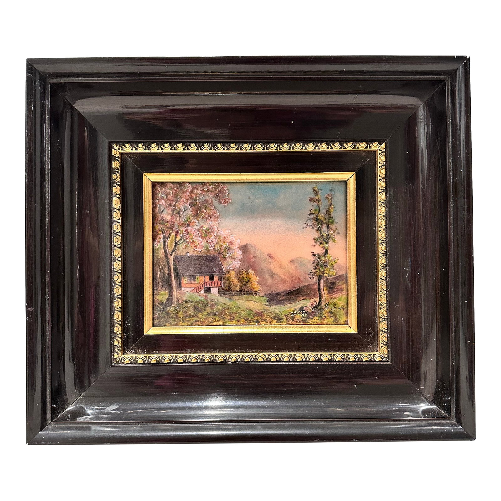 Signed Andre Bureau Limoges Enamel on Copper Painting - French Landscape Scene, Black & Gold Frame,: This is an exceptional hand-painted enamel on copper artwork by French master enameller Andre Bureau, signed lower right. Measuring 12" W * 7.5" H * 1.8" D (including frame), this exquisite piece